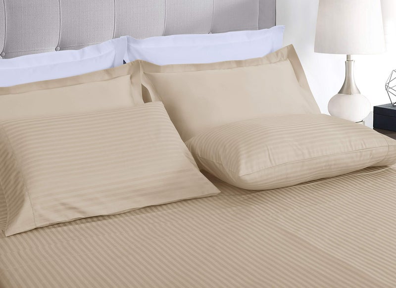 Threadmill 100% Cotton Sheets for Twin Size Bed - 600 Thread Count Twin Bed Sheets Set with 15â€ Deep Pocket - Damask Stripe Sateen Weave 3-Piece Bedding Set with Cooling Effect, Beige - Image 2